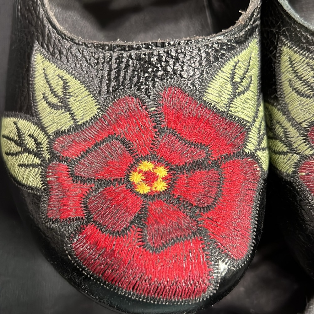 Black Leather Wedge Mary Jane Booties with Red Stitched Flowers and Green Leaves